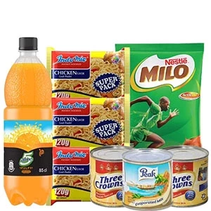 Indomie Noodles, 5 Alive Pulpy, Nestle Milo, Peak Milk, Three Crowns Milk COMBO